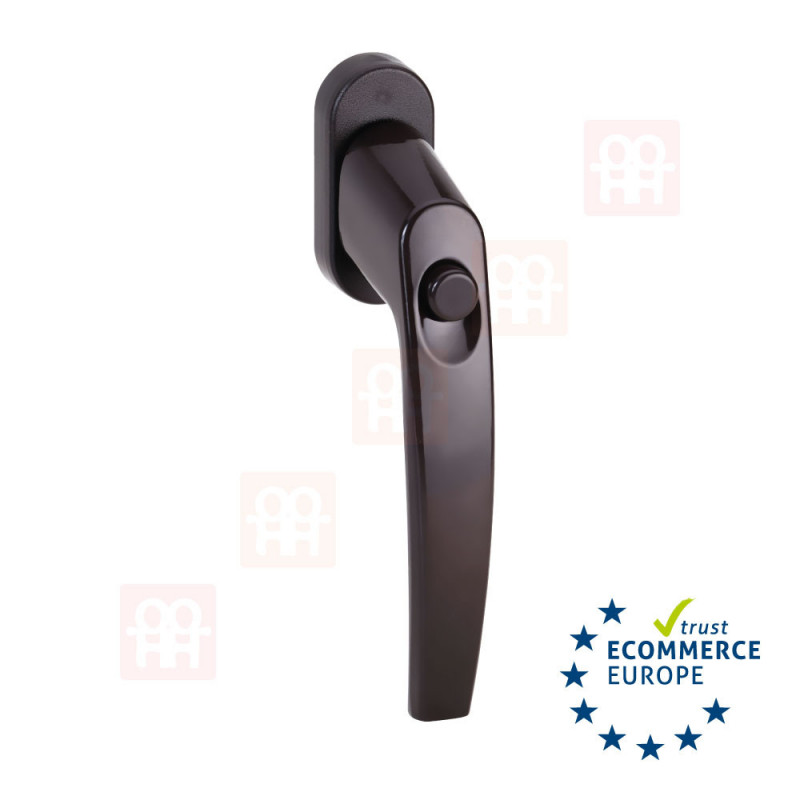 Security handle with locking button for windows and patio doors brown