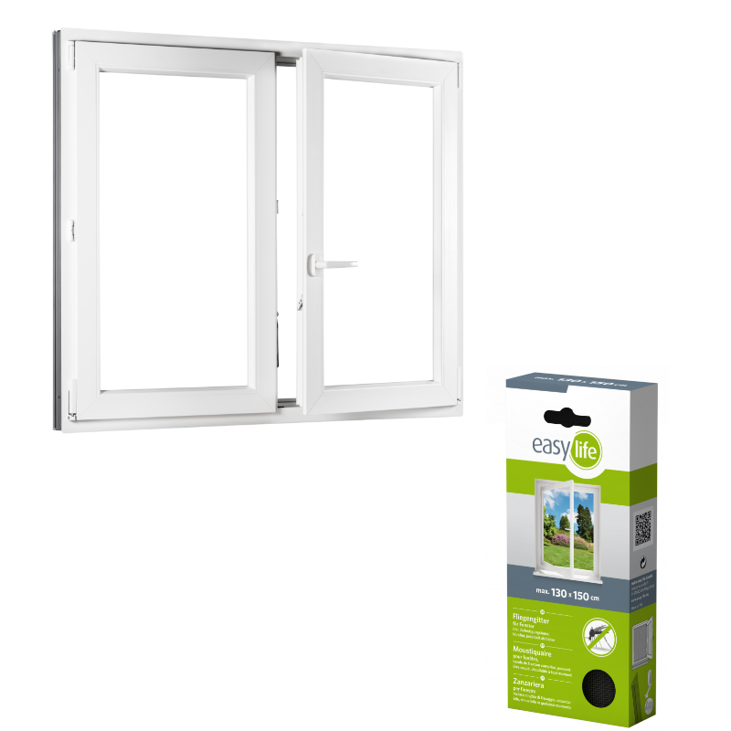 Set plastic window 130x130, right, opening and folding, white + insect net