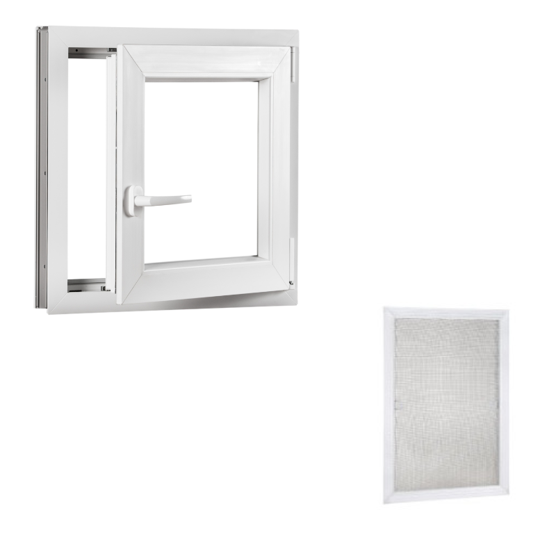 Set plastic window 80x80, right, opening and folding, white + aluminium mosquito net