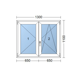 Double-leaf plastic window 130x110 cm (1300x1100 mm), right, white | TROCAL | triple glazing