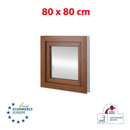 Plastic venster 80x80 cm (800x800mm) openen en vouwen links wit / gouden eik